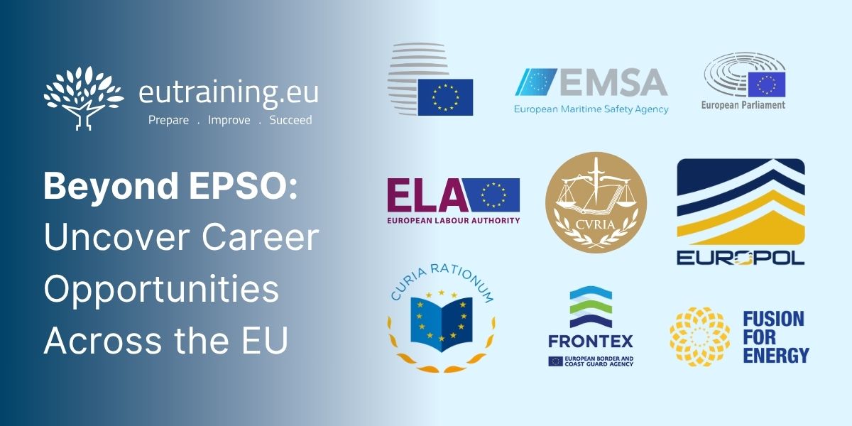 Collage of European Union flags in front of key EU institutions such as the European Parliament, Court of Justice, and various agencies, symbolising diverse EU career opportunities.