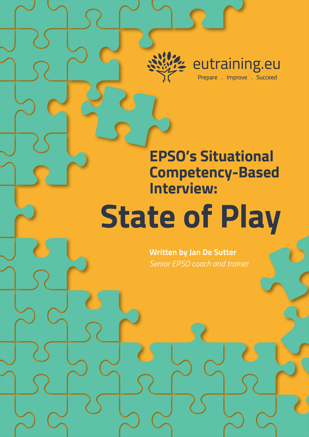 Cover for the E-Book titled: The EPSO SCBI: State of Play. The SCBI is like a puzzle and there are puzzle pieces on the cover.