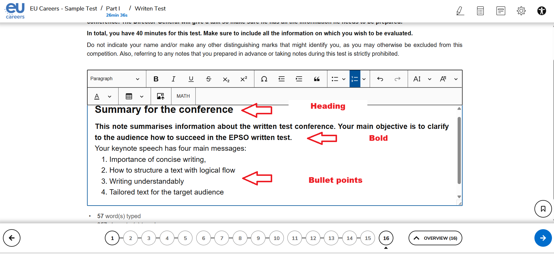 EPSO TAO testing platform Written Test text editor Screenshot of the EPSO TAO testing platform Written Test text editor with comments and arrows.