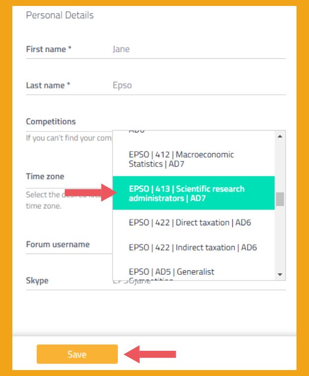 Choose your EPSO competition from the list in your profile to get important updates.