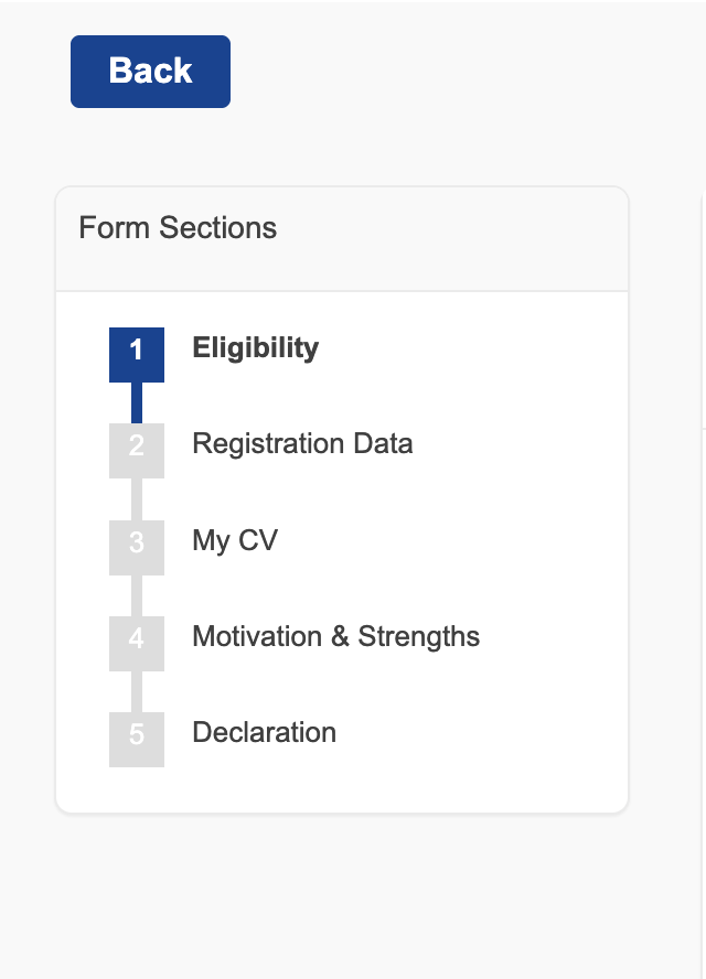 Overview of EPSO application sections including eligibility, CV, motivation, and declarations.